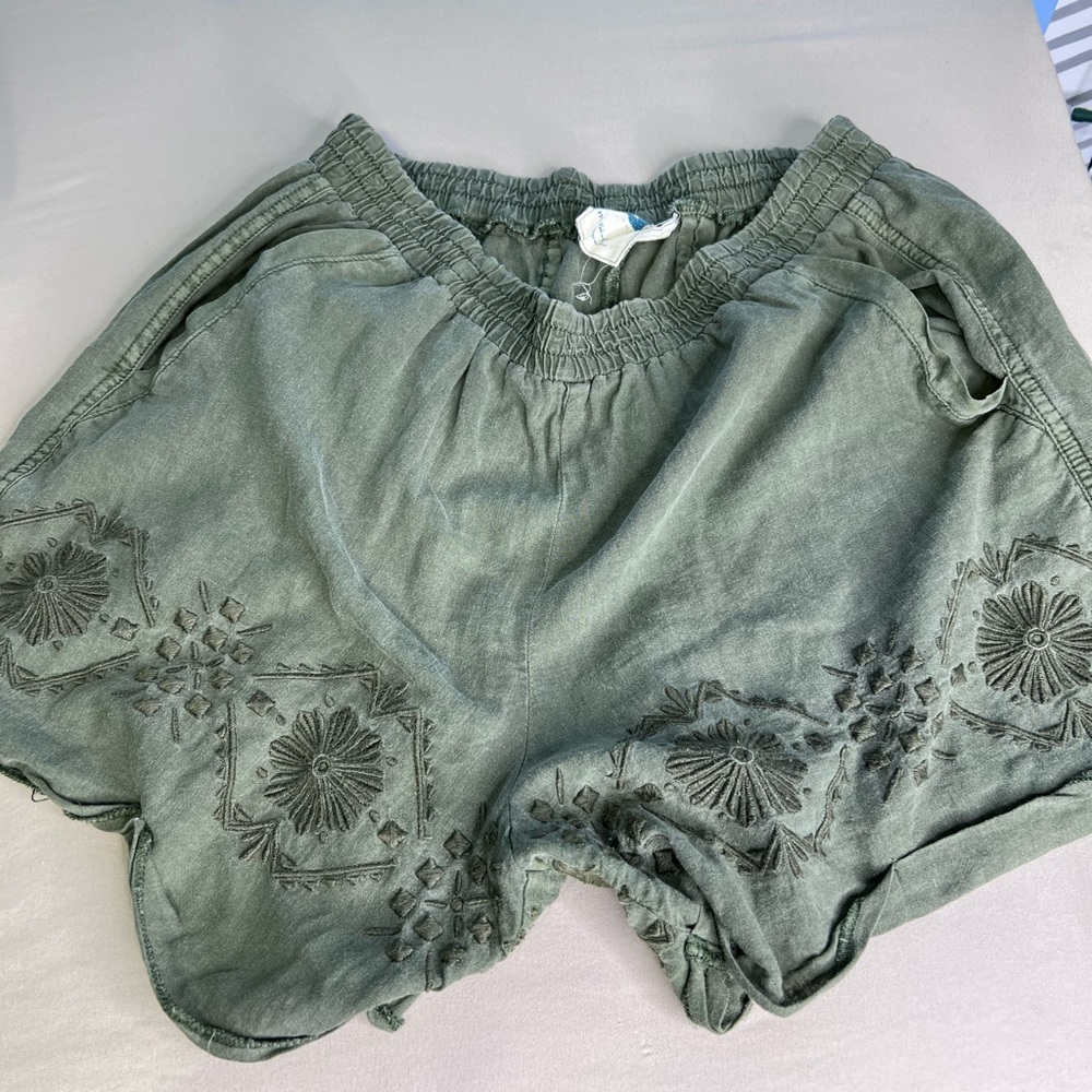 Anthropologie Embroidered Linen Shorts Olive Green